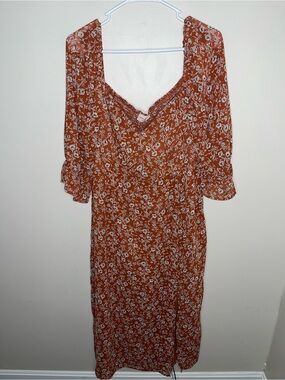 Showpo Midi Dress Rust Orange Floral Smocked Waist Long Sleeve Size 14 EUC Boho
